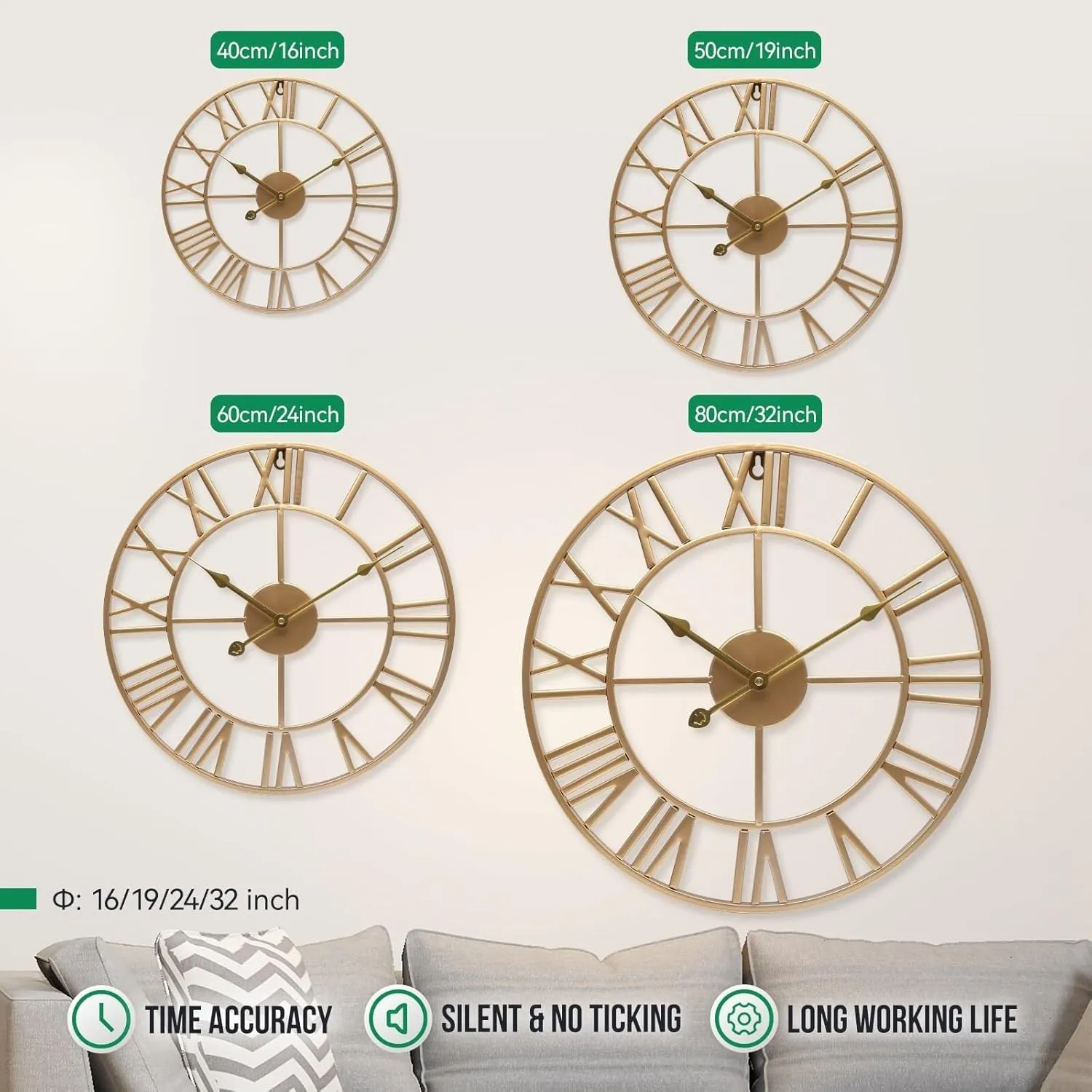 Modern Round Roman Numeral Metal Clock, Battery Operated Silent Decorative Clock for Home, Office, Bedroom, 16 Inch(Gold,24inch)