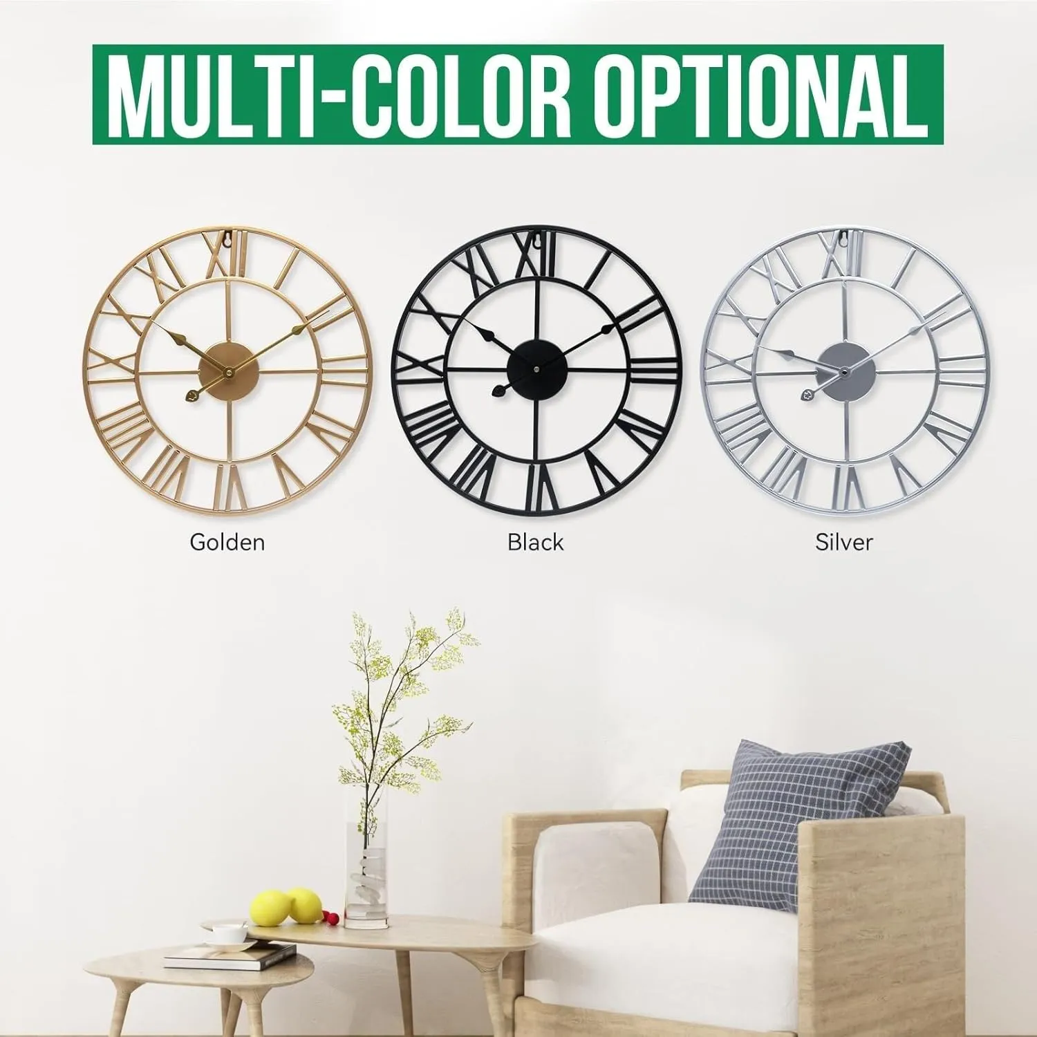 Modern Round Roman Numeral Metal Clock, Battery Operated Silent Decorative Clock for Home, Office, Bedroom, 16 Inch(Gold,24inch)