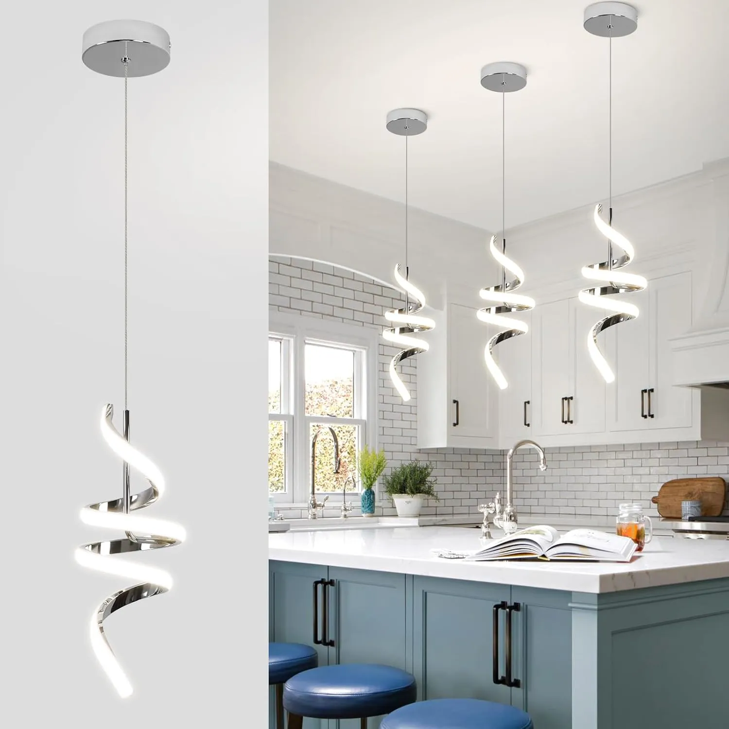 Modern Spiral LED Pendant Lights Kitchen Island, 22W Adjustable Height Hanging Light Fixture 4000K Chrome Chandelier for Dining Room Cafe Table, 1 Pack