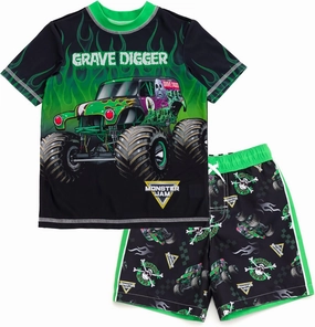 Monster Jam UPF 50  Pullover Rash Guard and Swim Trunks Outfit Set Toddler to Big Kid Grave Digger El Toro Loco Megalodon
