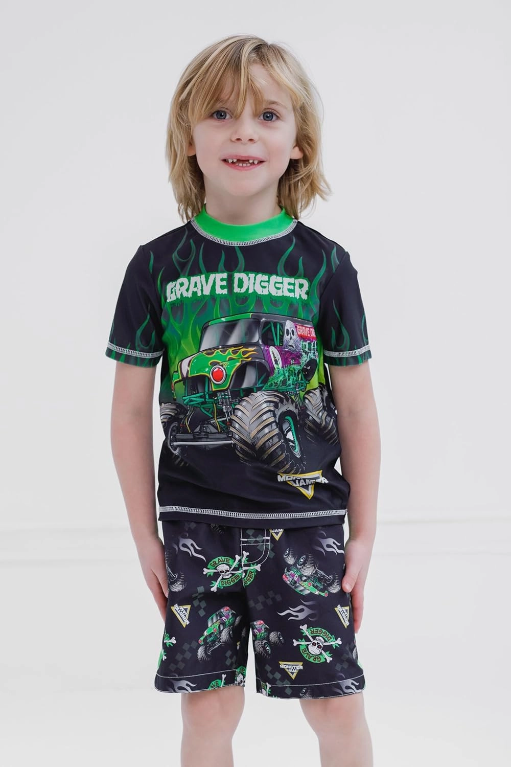 Monster Jam UPF 50  Pullover Rash Guard and Swim Trunks Outfit Set Toddler to Big Kid Grave Digger El Toro Loco Megalodon