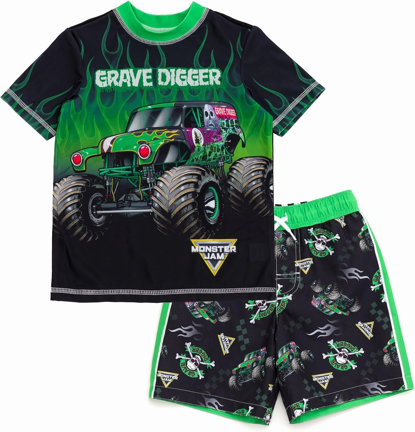 Monster Jam UPF 50  Pullover Rash Guard and Swim Trunks Outfit Set Toddler to Big Kid Grave Digger El Toro Loco Megalodon