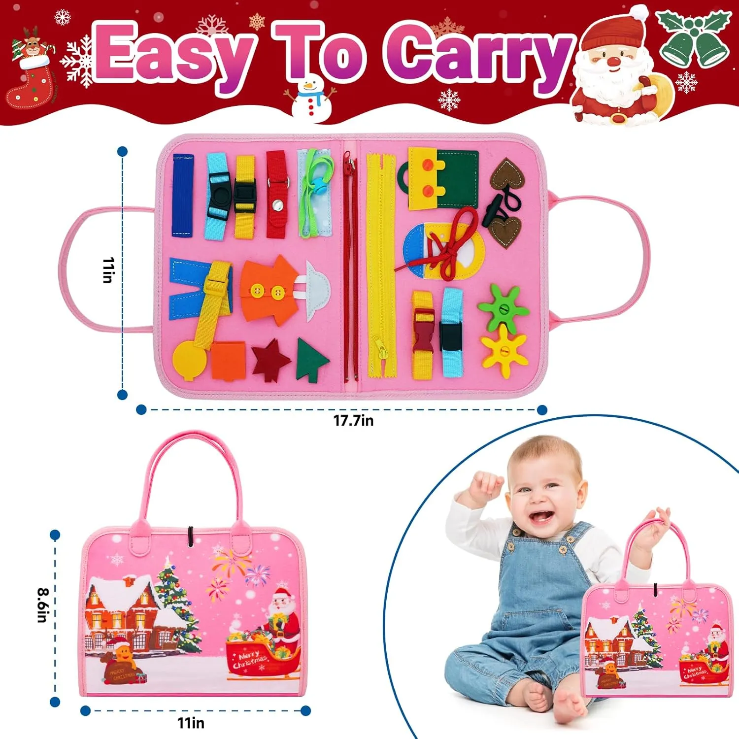 Montessori Busy Board, Baby Busy Book Educational Learning Toys for Toddlers Quiet Book Activity Books Buckle Toy Fine Motor Skills Toys for 1 2 3 4 5 Year Old Kids (Pink)