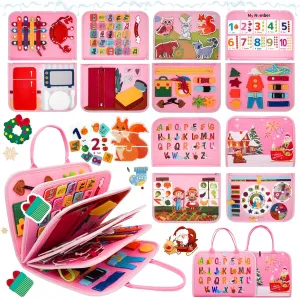 Montessori Busy Board, Baby Busy Book Educational Learning Toys for Toddlers Quiet Book Activity Books Buckle Toy Fine Motor Skills Toys for 1 2 3 4 5 Year Old Kids (Pink)