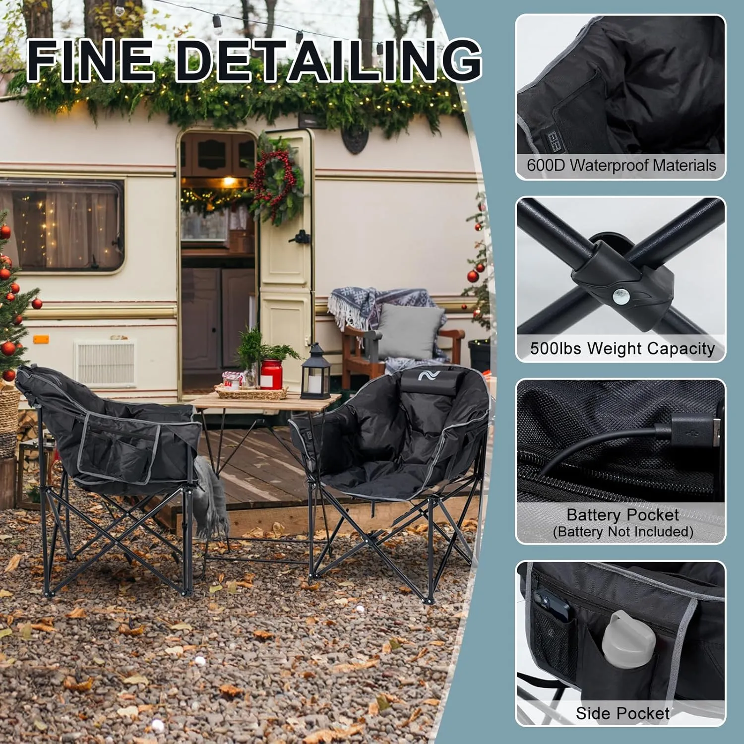 MOPHOTO Heated Camping Chair, Portable Heated Camping Chairs Outdoor, Padded Oversized Heated Folding Chairs Outdoor Sports, Heating Lawn Chair Patio Lounge Chairs for Adults