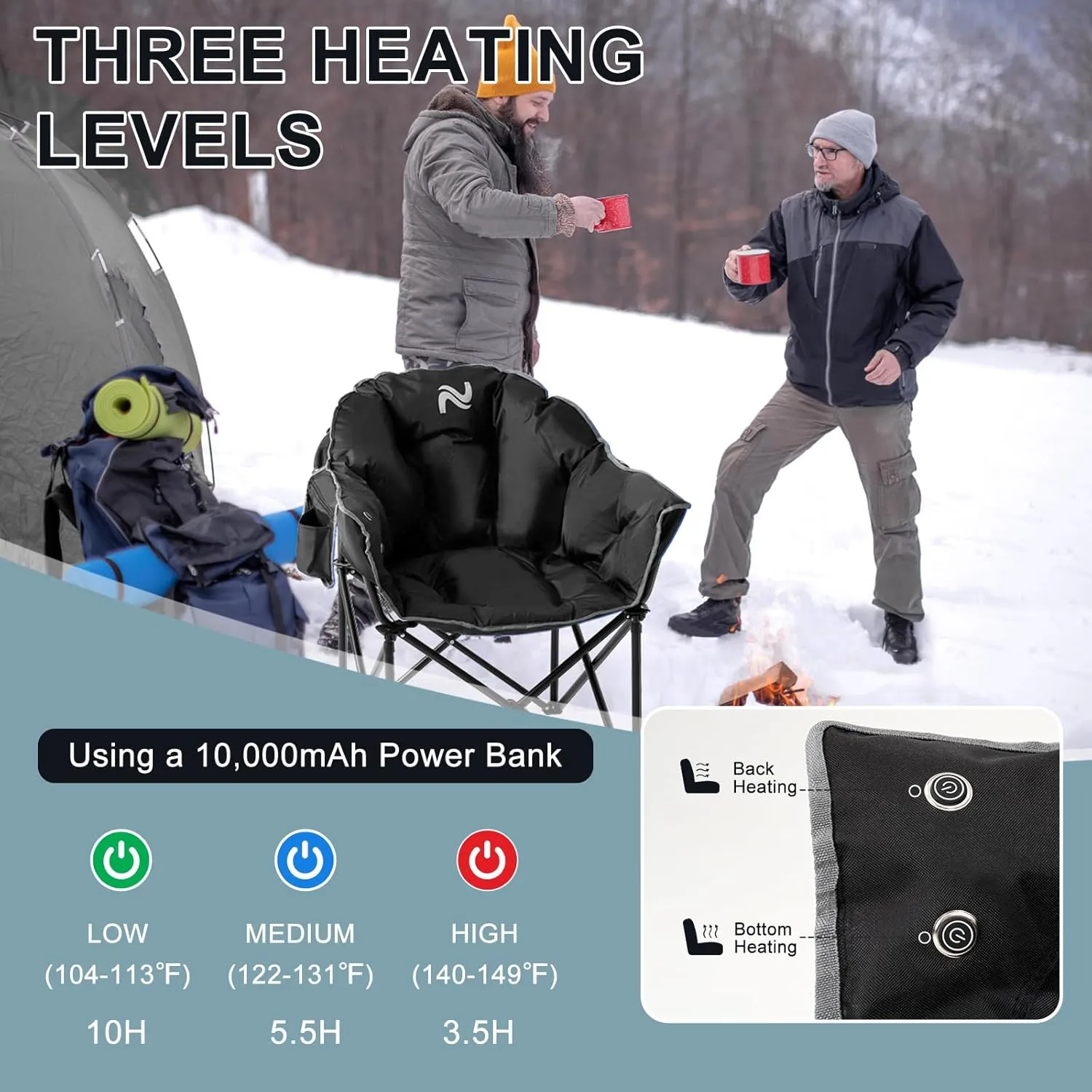 MOPHOTO Heated Camping Chair, Portable Heated Camping Chairs Outdoor, Padded Oversized Heated Folding Chairs Outdoor Sports, Heating Lawn Chair Patio Lounge Chairs for Adults