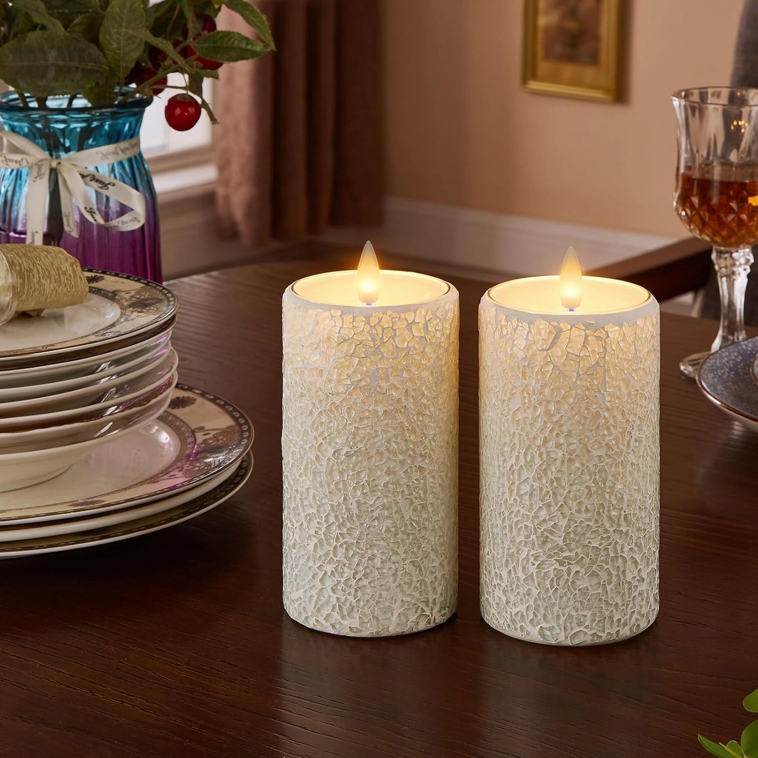Mosaic Flameless Pillar Candles Flickering with Remote Timer, Battery Candles Up to 400 Hours, 3D Moving Flame Real Wax Candles, Set of 2, 3 x H6 Inches, Remote Included (White, 6in)