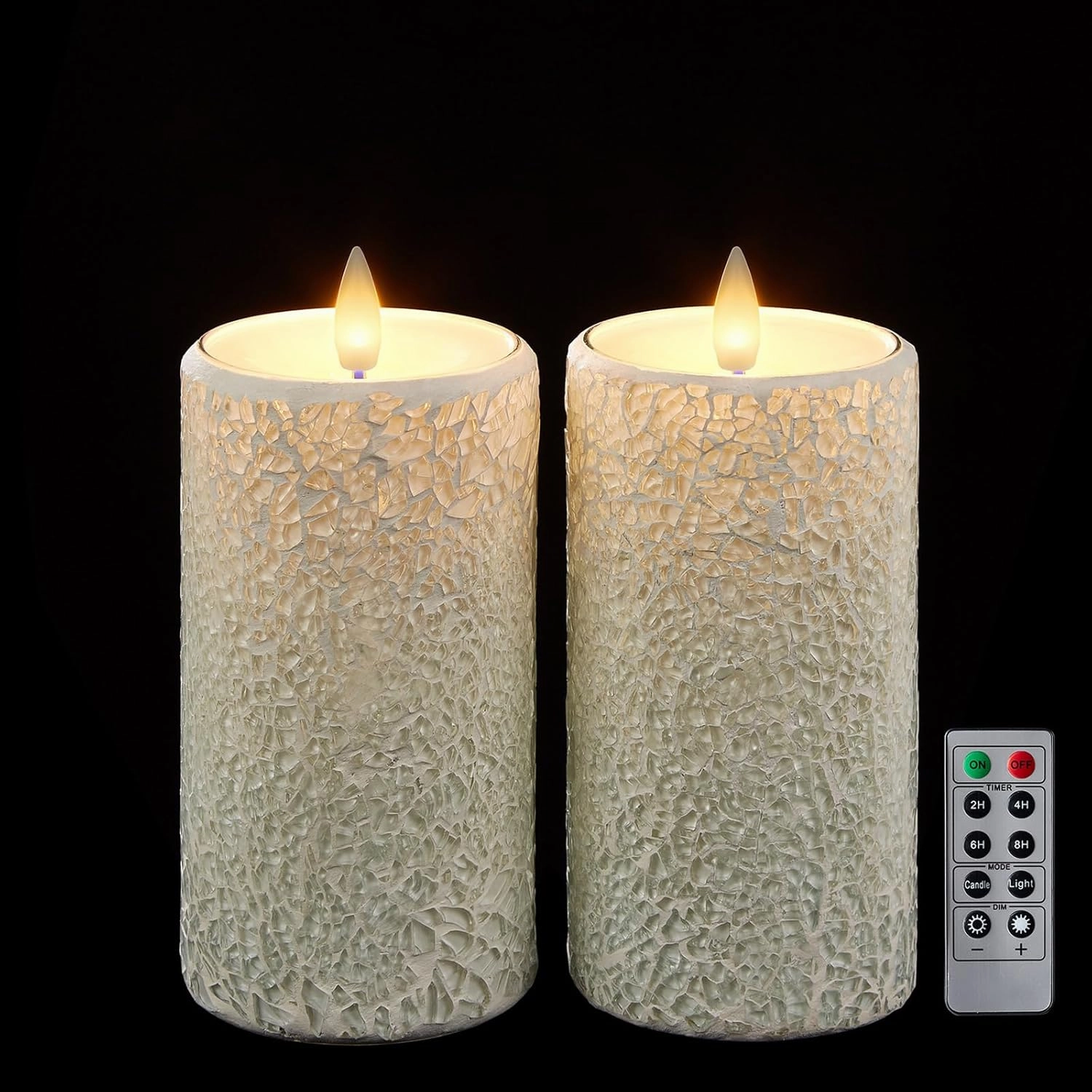 Mosaic Flameless Pillar Candles Flickering with Remote Timer, Battery Candles Up to 400 Hours, 3D Moving Flame Real Wax Candles, Set of 2, 3 x H6 Inches, Remote Included (White, 6in)