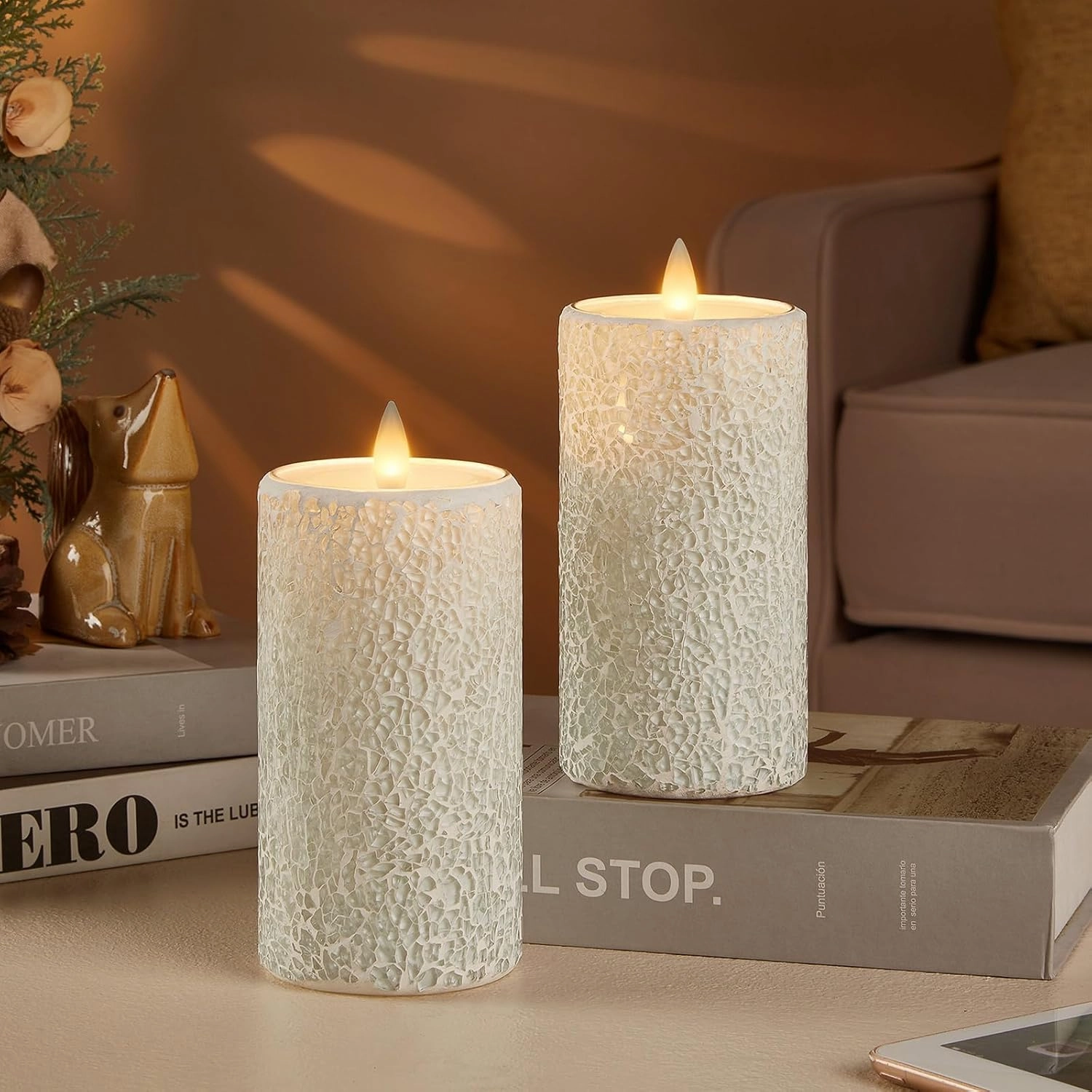 Mosaic Flameless Pillar Candles Flickering with Remote Timer, Battery Candles Up to 400 Hours, 3D Moving Flame Real Wax Candles, Set of 2, 3 x H6 Inches, Remote Included (White, 6in)