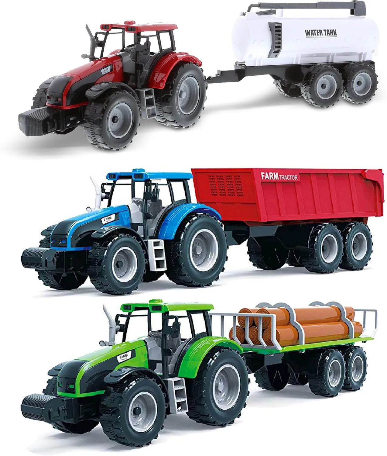 Mozlly Friction Powered Farm Tractor Trailer Set - 16-inch Toys for Boys and Girls, Red Water Tank, Blue Farm Tractor, Green Log Truck, Farming Playset (3 Sets)