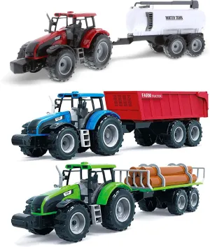 Mozlly Friction Powered Farm Tractor Trailer Set - 16-inch Toys for Boys and Girls, Red Water Tank, Blue Farm Tractor, Green Log Truck, Farming Playset (3 Sets)