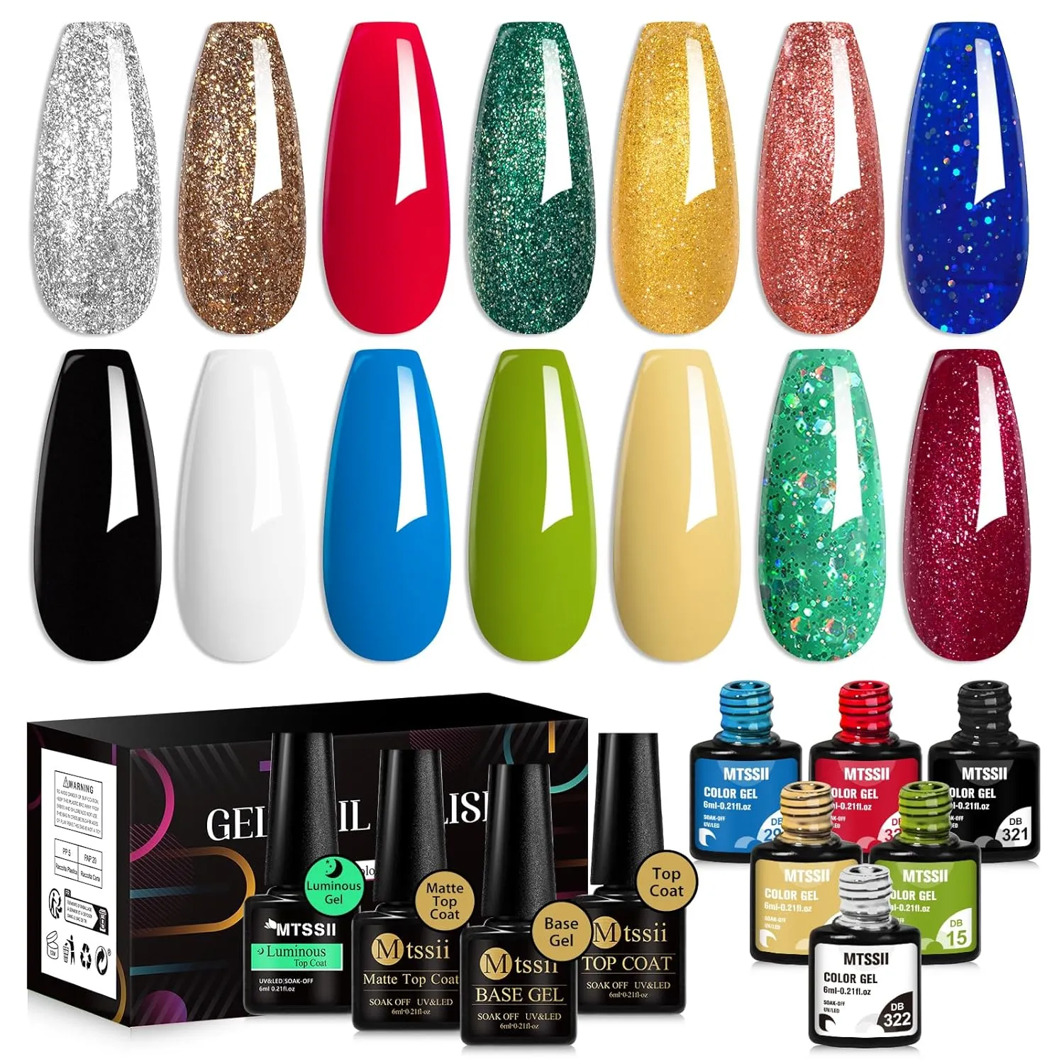 MTSSII Neon Gel Nail Polish Set 18pcs Reflective Glitter Gel Polish Kit with Gel Top Coat Top Coat Gel Nail Polish Blue Red Green Polish Nail Art Design DIY Gift for Girls Women
