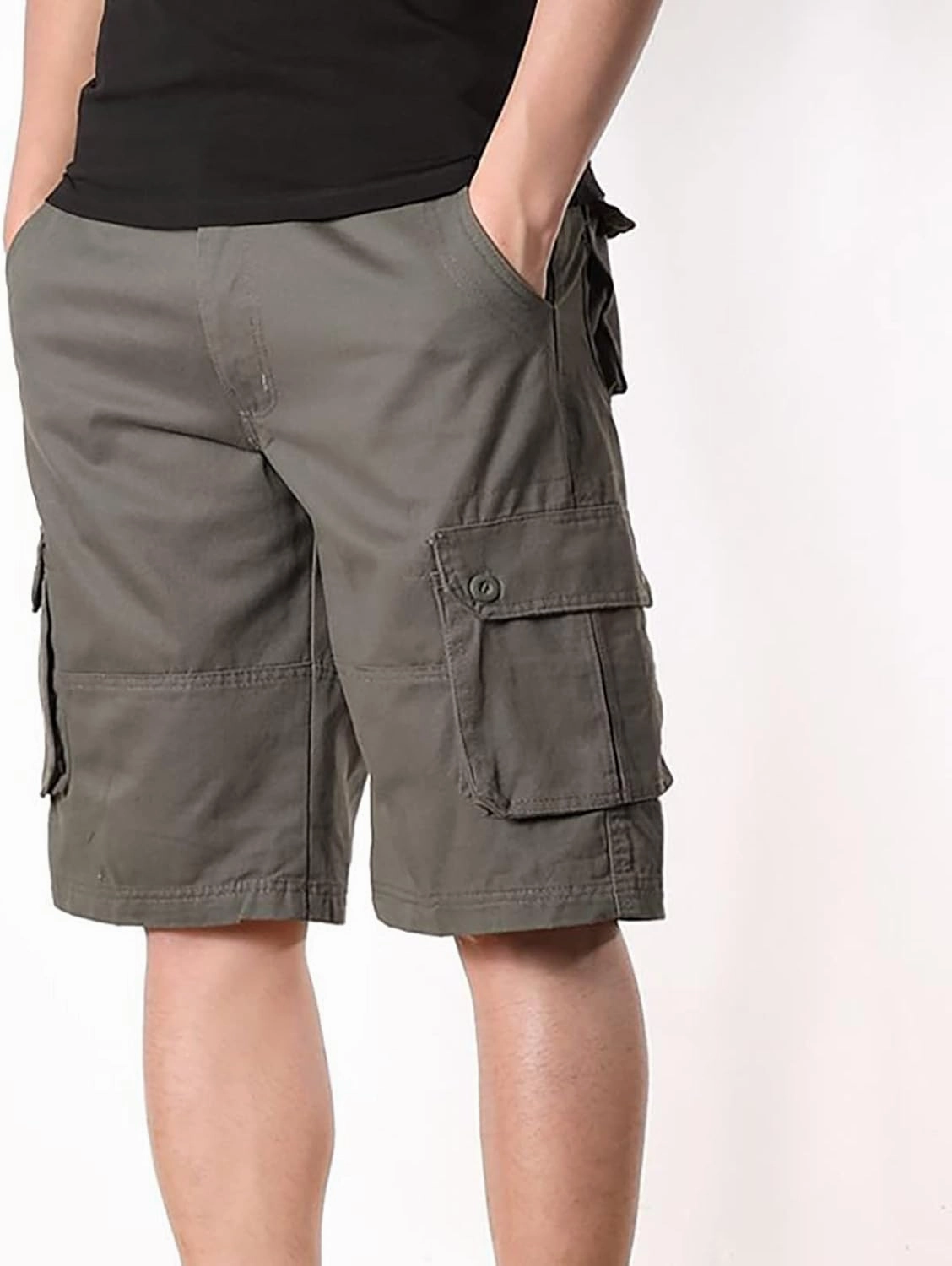 Muscularfit Linen Shorts for Men 2023 Solid Multi Pockets Cargo Shorts Regular Fit Buckle Zipper Sport Utility Tooling Shorts