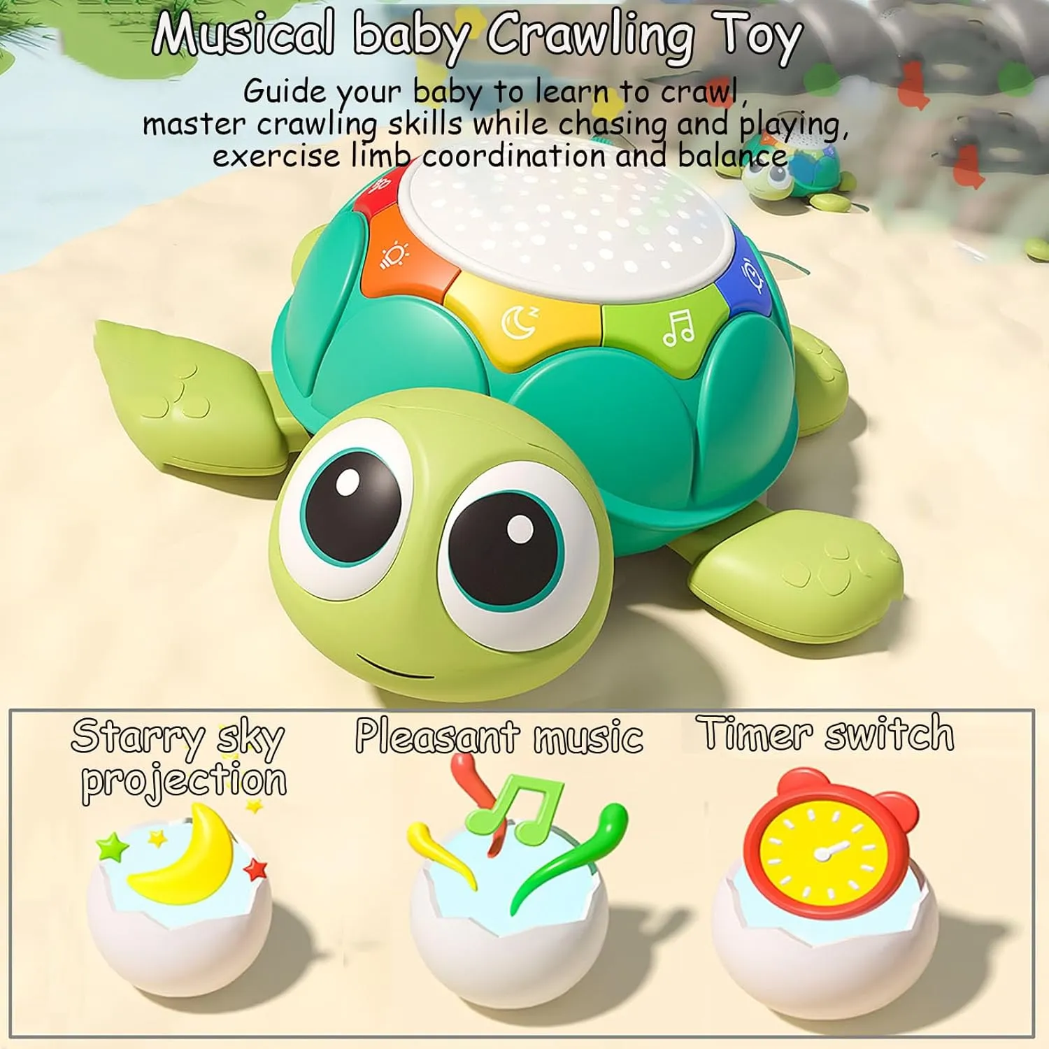 Musical Baby Crawling Toy - Turtle or Elephant Sensory Toy - 5 in 1 Multifunctional with Lighting and Sound, Tummy Time Toy, Gifts for 18  Months Toddlers Kids (Turtle)