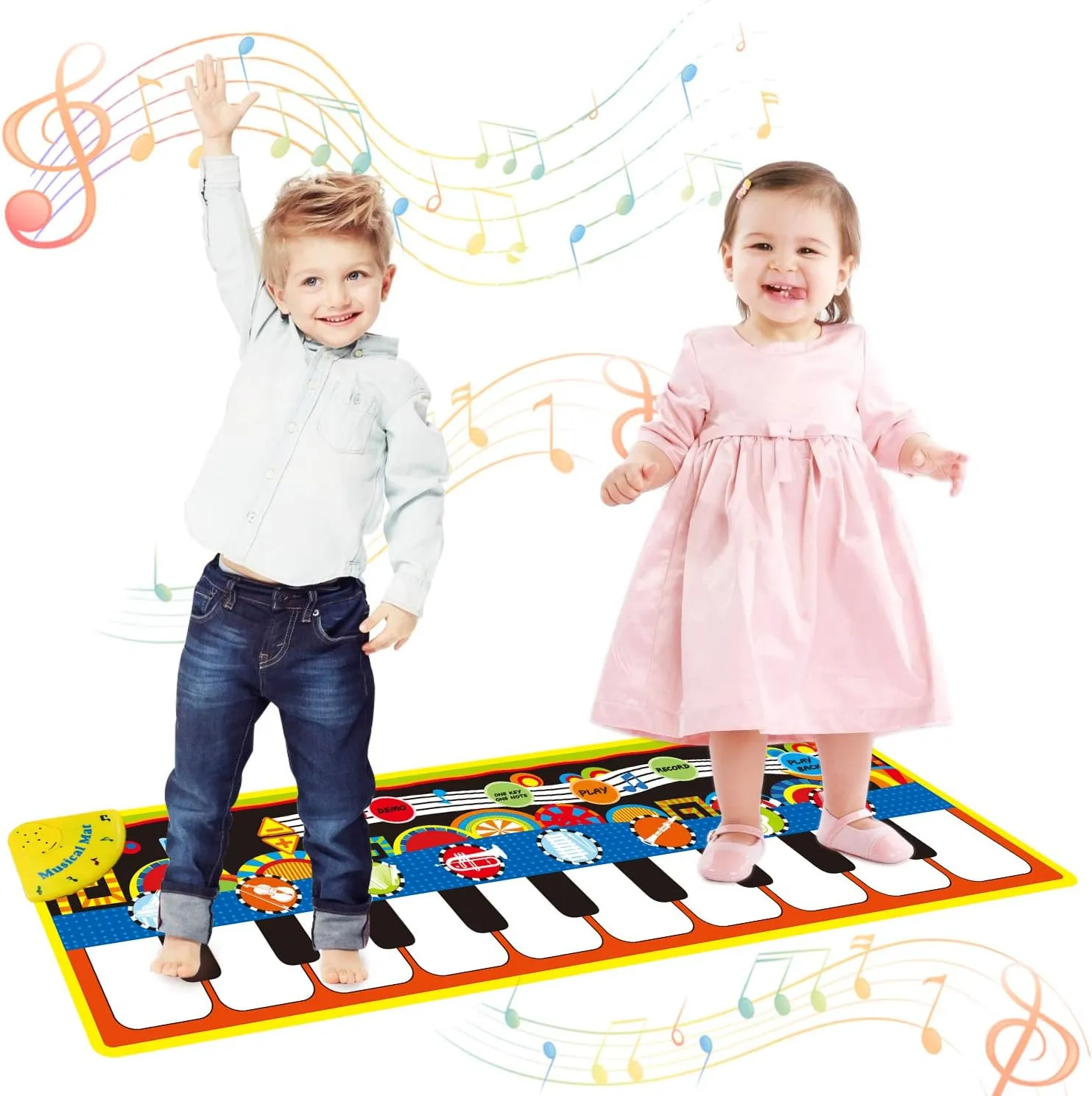 Musical Piano Mat, Toddler Piano Keyboard Floor Playmat Childrens Kids Musical Mats Kids Tunes Playmat Walking Music Toys for Baby Girls 43.3'' X14.2''