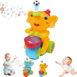 Musical Walking Elephant Drummer Toy，Elephant Toy，Drumming Elephant Baby Toy，Elephant Blowing Ball，Children's Drum Elephant Floating Ball Toy with LED Lights & Sounds,Crawling Toys for Babies (Orange)