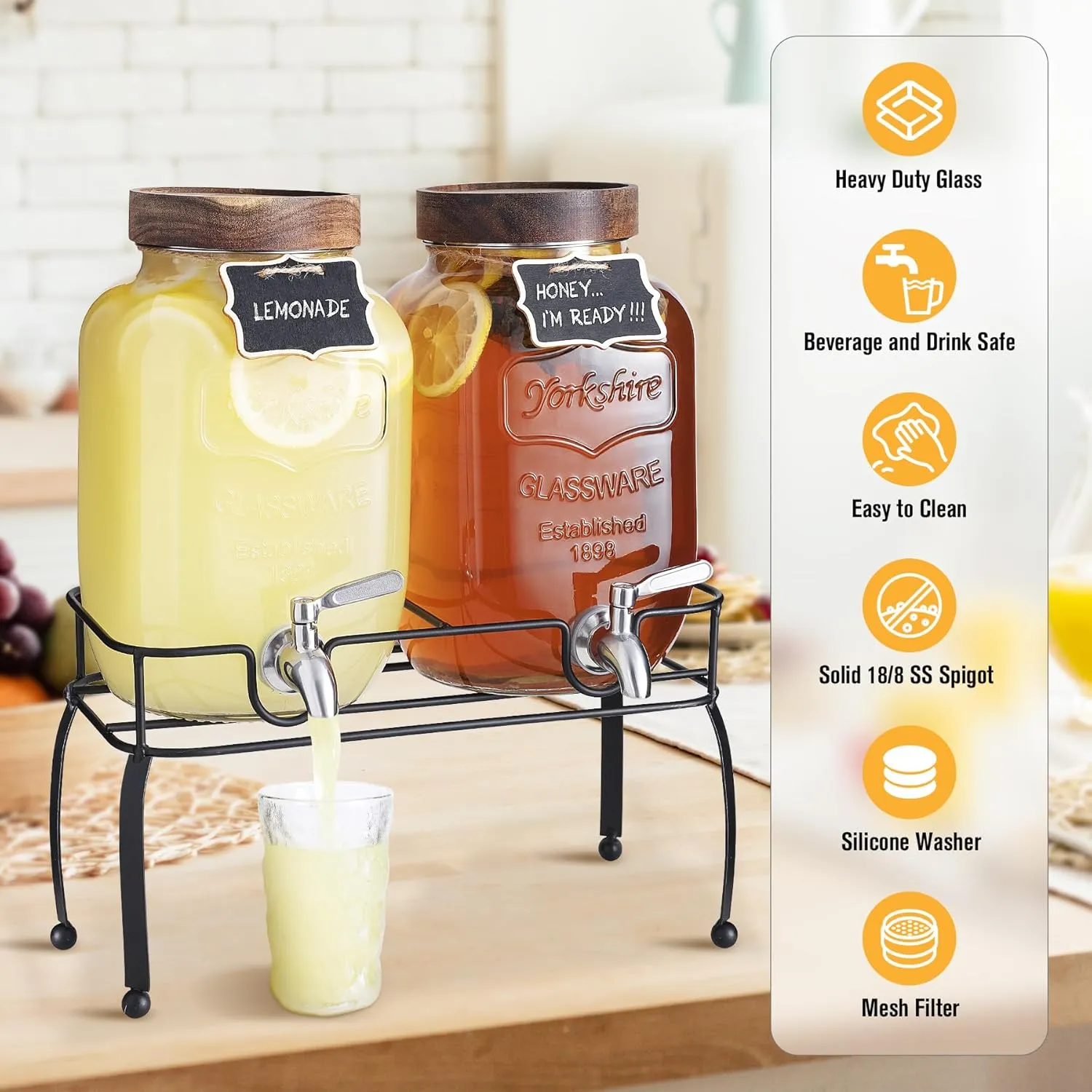 mustry Glass Drink Dispenser for Parties, 1 Gallon Beverage Dispenser with Stand and Spigot Solid Stainless Steel, Used as Lemonade Dispenser Sun Tea Jar Kombucha Jar, Set of 2
