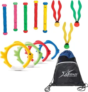 Myriads Underwater Pool Diving Toys Set of 3: Underwater Fun Balls, Fish Rings, Play Sticks & Drawstring Bag