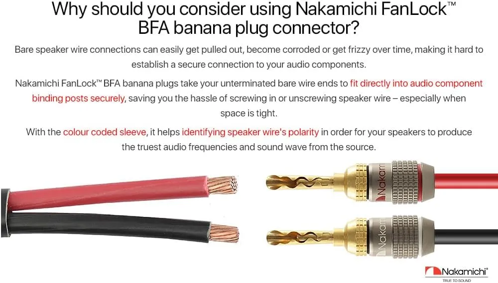 Nakamichi FanLock Excel Series 24k Gold Plated BFA Banana Plug 10 AWG - 18 AWG Gauge Size 4mm for Speakers Amplifier Hi-Fi Stereo Home Theatre Radio Audio Wire Cable Quick Connector, 20 Pcs (10-Pairs)