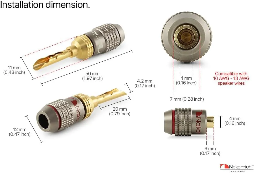 Nakamichi FanLock Excel Series 24k Gold Plated BFA Banana Plug 10 AWG - 18 AWG Gauge Size 4mm for Speakers Amplifier Hi-Fi Stereo Home Theatre Radio Audio Wire Cable Quick Connector, 20 Pcs (10-Pairs)