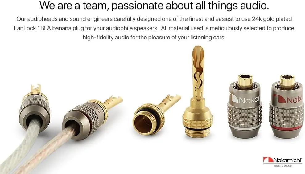 Nakamichi FanLock Excel Series 24k Gold Plated BFA Banana Plug 10 AWG - 18 AWG Gauge Size 4mm for Speakers Amplifier Hi-Fi Stereo Home Theatre Radio Audio Wire Cable Quick Connector, 20 Pcs (10-Pairs)