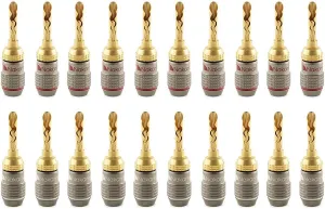 Nakamichi FanLock Excel Series 24k Gold Plated BFA Banana Plug 10 AWG - 18 AWG Gauge Size 4mm for Speakers Amplifier Hi-Fi Stereo Home Theatre Radio Audio Wire Cable Quick Connector, 20 Pcs (10-Pairs)