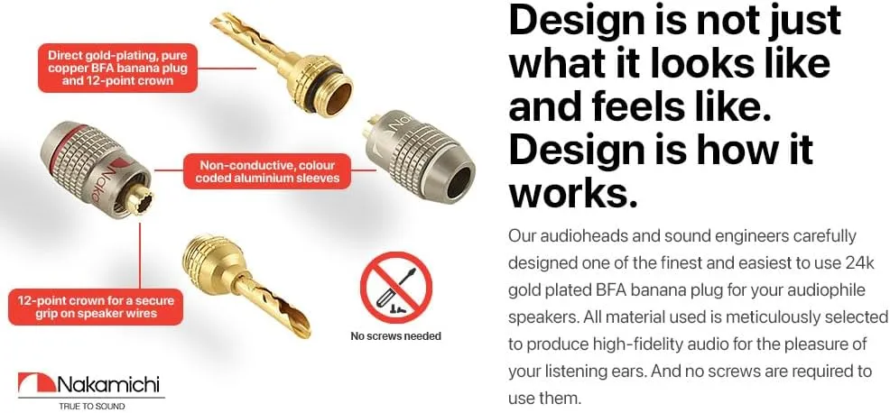 Nakamichi FanLock Excel Series 24k Gold Plated BFA Banana Plug 10 AWG - 18 AWG Gauge Size 4mm for Speakers Amplifier Hi-Fi Stereo Home Theatre Radio Audio Wire Cable Quick Connector, 20 Pcs (10-Pairs)