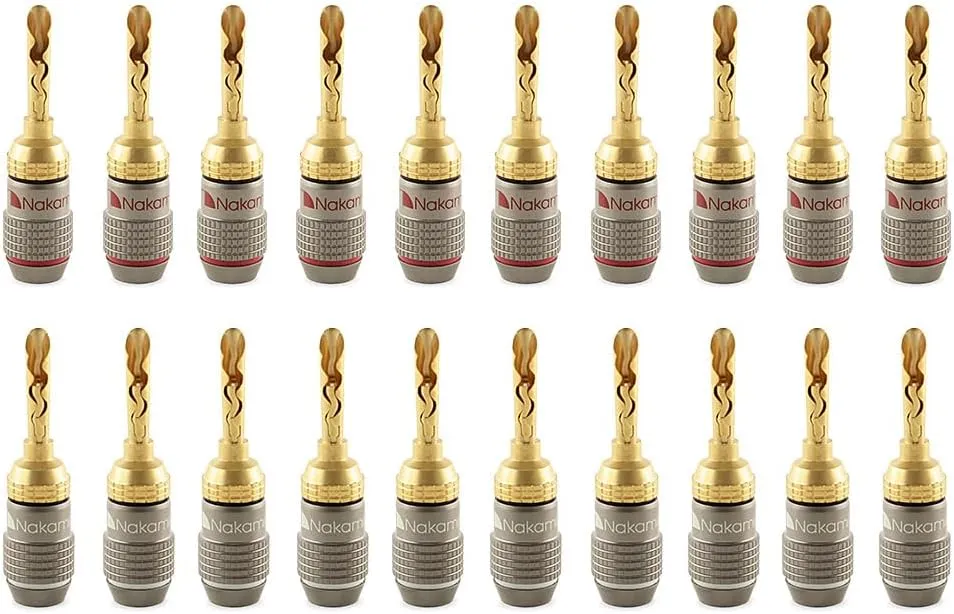 Nakamichi FanLock Excel Series 24k Gold Plated BFA Banana Plug 10 AWG - 18 AWG Gauge Size 4mm for Speakers Amplifier Hi-Fi Stereo Home Theatre Radio Audio Wire Cable Quick Connector, 20 Pcs (10-Pairs)