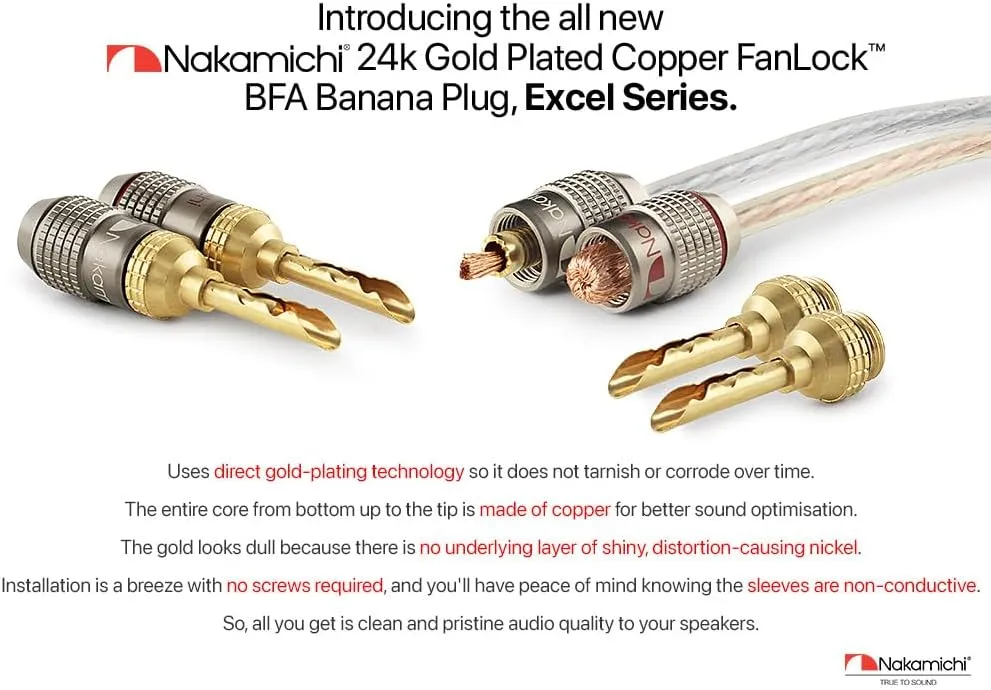 Nakamichi FanLock Excel Series 24k Gold Plated BFA Banana Plug 10 AWG - 18 AWG Gauge Size 4mm for Speakers Amplifier Hi-Fi Stereo Home Theatre Radio Audio Wire Cable Quick Connector, 20 Pcs (10-Pairs)
