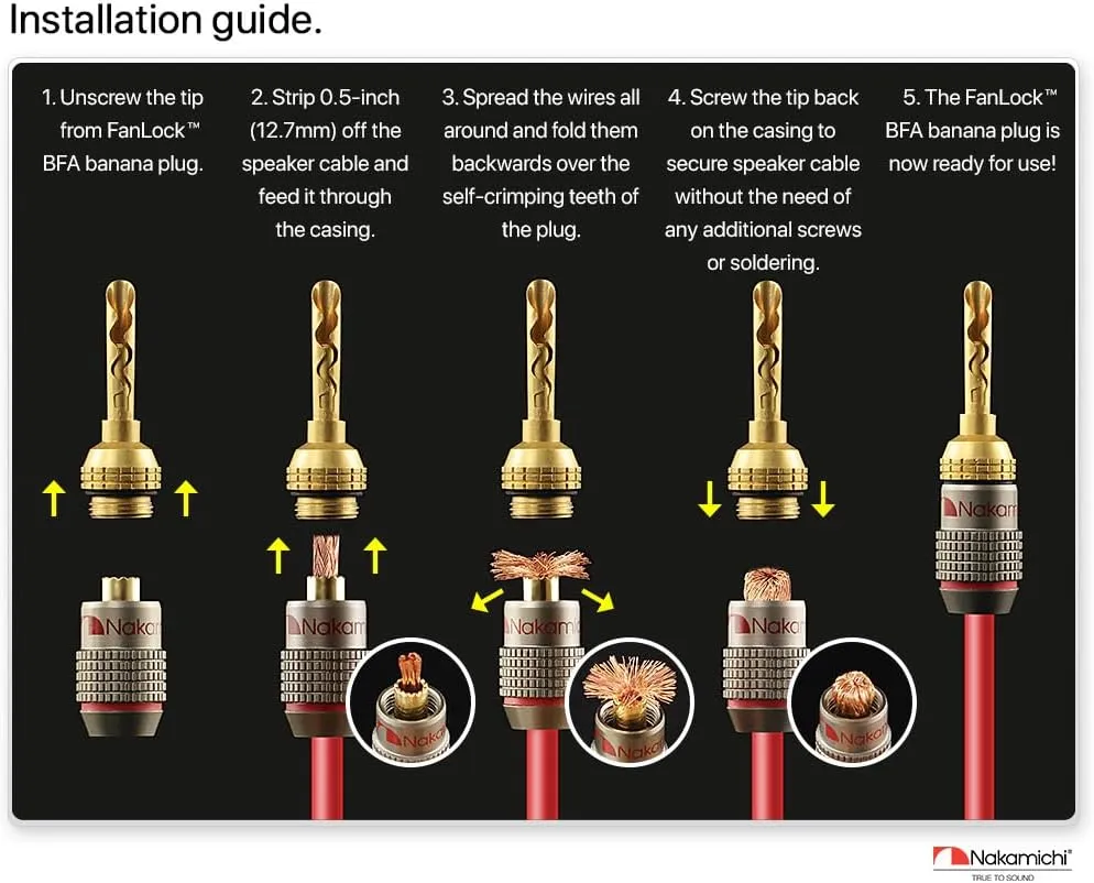 Nakamichi FanLock Excel Series 24k Gold Plated BFA Banana Plug 10 AWG - 18 AWG Gauge Size 4mm for Speakers Amplifier Hi-Fi Stereo Home Theatre Radio Audio Wire Cable Quick Connector, 20 Pcs (10-Pairs)