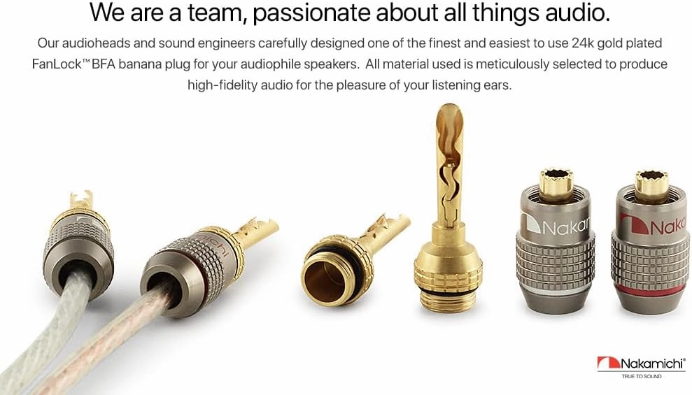 Nakamichi FanLock Excel Series 24k Gold Plated BFA Banana Plug 10 AWG - 18 AWG Gauge Size 4mm for Speakers Amplifier Hi-Fi Stereo Home Theatre Radio Audio Wire Cable Quick Connector, 8 Pcs (4-Pairs)