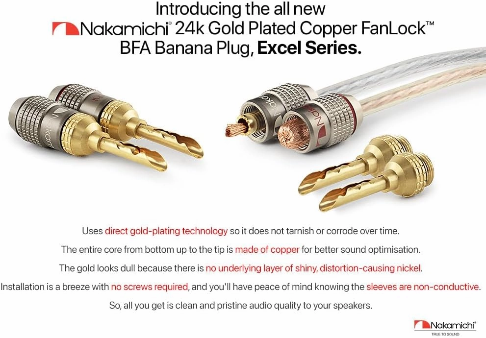 Nakamichi FanLock Excel Series 24k Gold Plated BFA Banana Plug 10 AWG - 18 AWG Gauge Size 4mm for Speakers Amplifier Hi-Fi Stereo Home Theatre Radio Audio Wire Cable Quick Connector, 8 Pcs (4-Pairs)