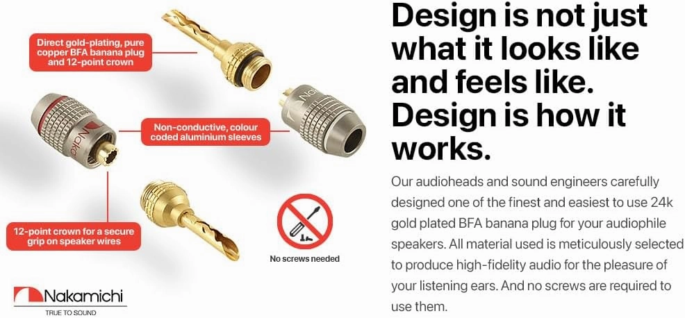 Nakamichi FanLock Excel Series 24k Gold Plated BFA Banana Plug 10 AWG - 18 AWG Gauge Size 4mm for Speakers Amplifier Hi-Fi Stereo Home Theatre Radio Audio Wire Cable Quick Connector, 8 Pcs (4-Pairs)