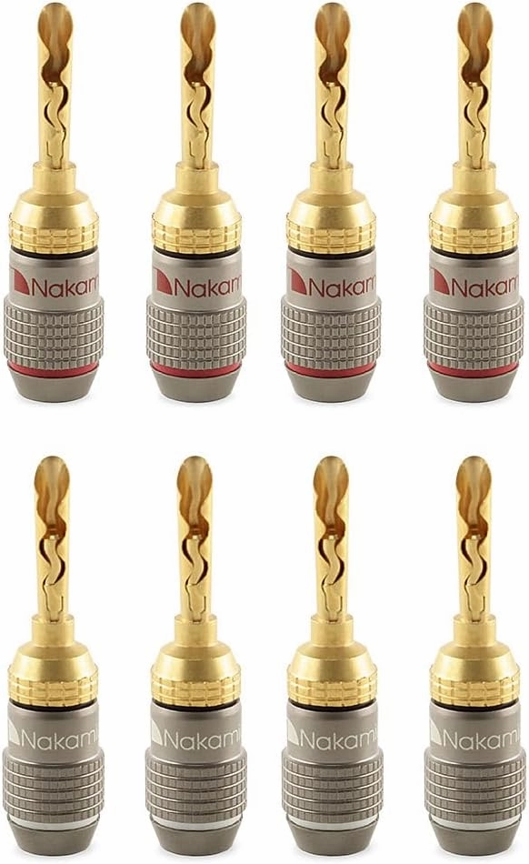 Nakamichi FanLock Excel Series 24k Gold Plated BFA Banana Plug 10 AWG - 18 AWG Gauge Size 4mm for Speakers Amplifier Hi-Fi Stereo Home Theatre Radio Audio Wire Cable Quick Connector, 8 Pcs (4-Pairs)