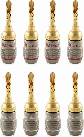 Nakamichi FanLock Excel Series 24k Gold Plated BFA Banana Plug 10 AWG - 18 AWG Gauge Size 4mm for Speakers Amplifier Hi-Fi Stereo Home Theatre Radio Audio Wire Cable Quick Connector, 8 Pcs (4-Pairs)