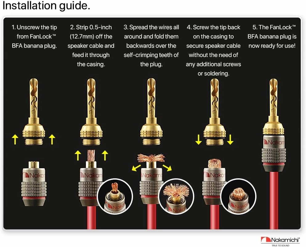 Nakamichi FanLock Excel Series 24k Gold Plated BFA Banana Plug 10 AWG - 18 AWG Gauge Size 4mm for Speakers Amplifier Hi-Fi Stereo Home Theatre Radio Audio Wire Cable Quick Connector, 8 Pcs (4-Pairs)