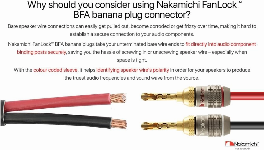 Nakamichi FanLock Excel Series 24k Gold Plated BFA Banana Plug 10 AWG - 18 AWG Gauge Size 4mm for Speakers Amplifier Hi-Fi Stereo Home Theatre Radio Audio Wire Cable Quick Connector, 8 Pcs (4-Pairs)