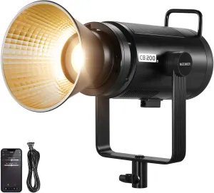 NEEWER CB200B 210W LED Video Light with 2.4G/APP Remote Control, All Metal Bi Color COB Continuous Output Lighting with Bowens Mount 90000Lux/1m 2700K-6500K CRI/TLCI97  12 Effects for Video Recording