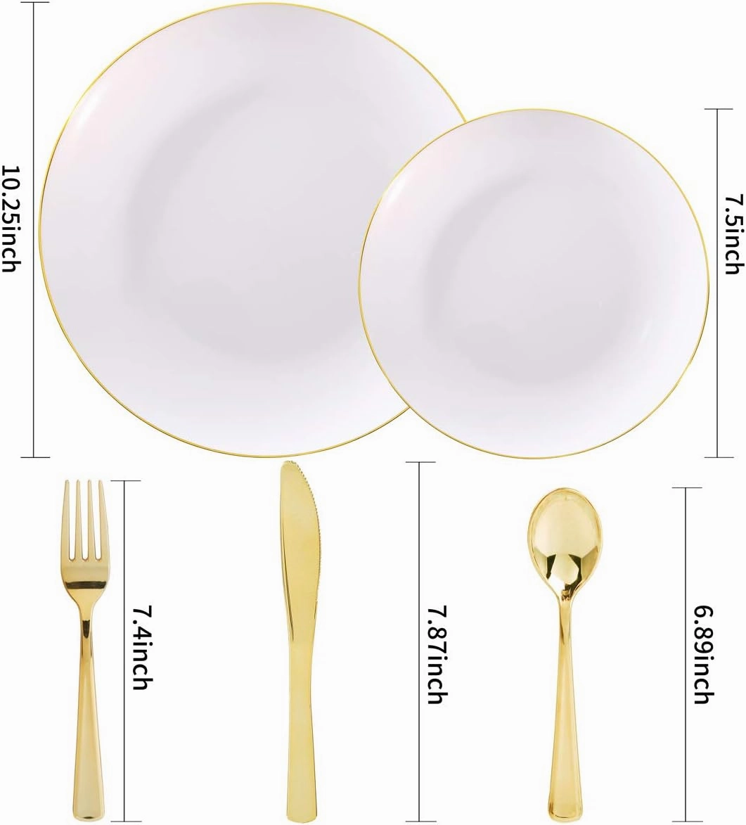 Nervure 125PCS Christmas Plastic Plates - Disposable White and Gold Rim Plates Include 25 Dinner Plate, 25 Salad Plate, 25 Forks, 25 Knives, 25 Spoons for Christmas & Parties & Father's Day