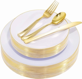 Nervure 125PCS Christmas Plastic Plates - Disposable White and Gold Rim Plates Include 25 Dinner Plate, 25 Salad Plate, 25 Forks, 25 Knives, 25 Spoons for Christmas & Parties & Father's Day