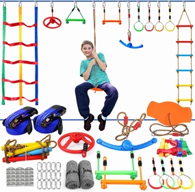 Ninja Warrior Obstacle Course for Kids, 2 x 52ft Slackline with Rotating Swing, Climbing Ladder, Gymnastic Rings, Training Equipment Set for Backyard (2x52ft)