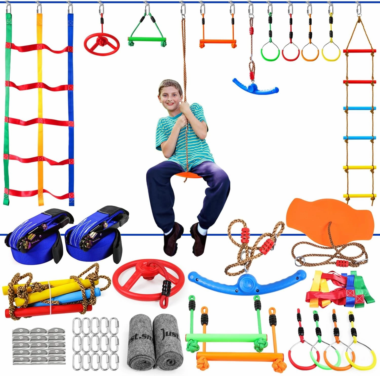 Ninja Warrior Obstacle Course for Kids, 2 x 52ft Slackline with Rotating Swing, Climbing Ladder, Gymnastic Rings, Training Equipment Set for Backyard (2x52ft)