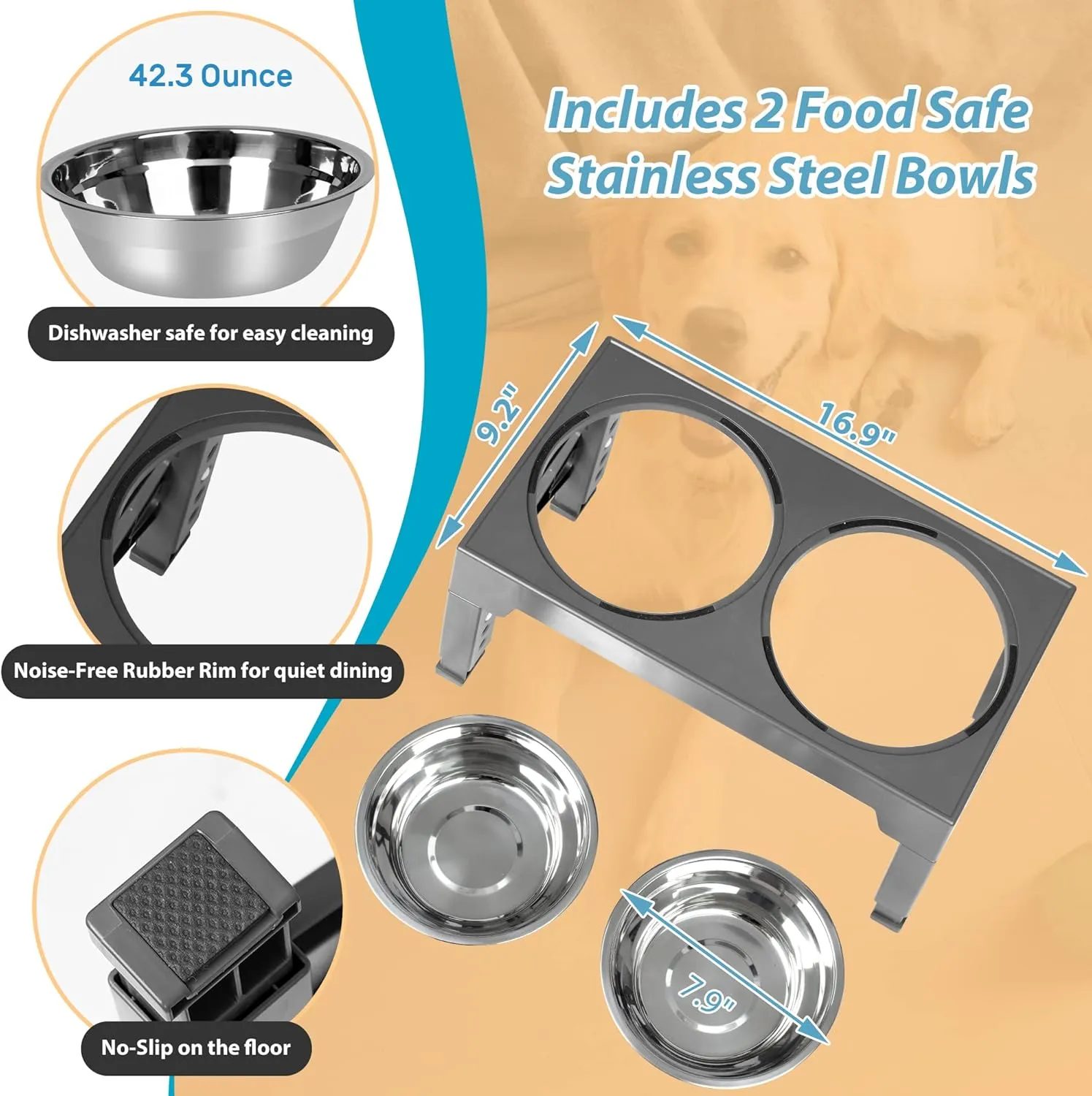 Niubya Elevated Dog Bowls with 2 Stainless Steel Dog Food Bowls, Raised Dog Bowl Adjusts to 5 Heights (3.15", 8.66", 9.84",11.02", 12.2") for Small Medium and Large Dogs