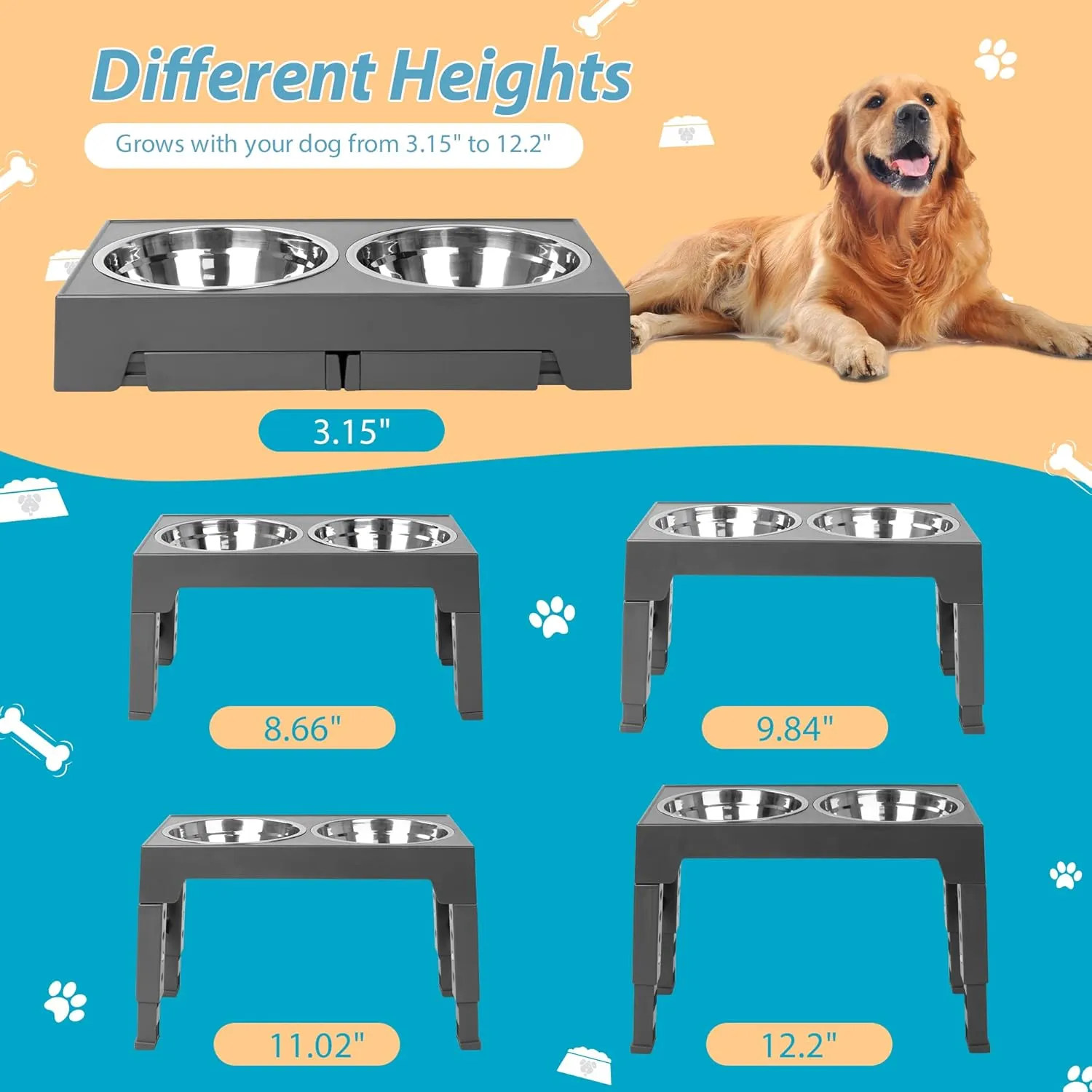 Niubya Elevated Dog Bowls with 2 Stainless Steel Dog Food Bowls, Raised Dog Bowl Adjusts to 5 Heights (3.15", 8.66", 9.84",11.02", 12.2") for Small Medium and Large Dogs