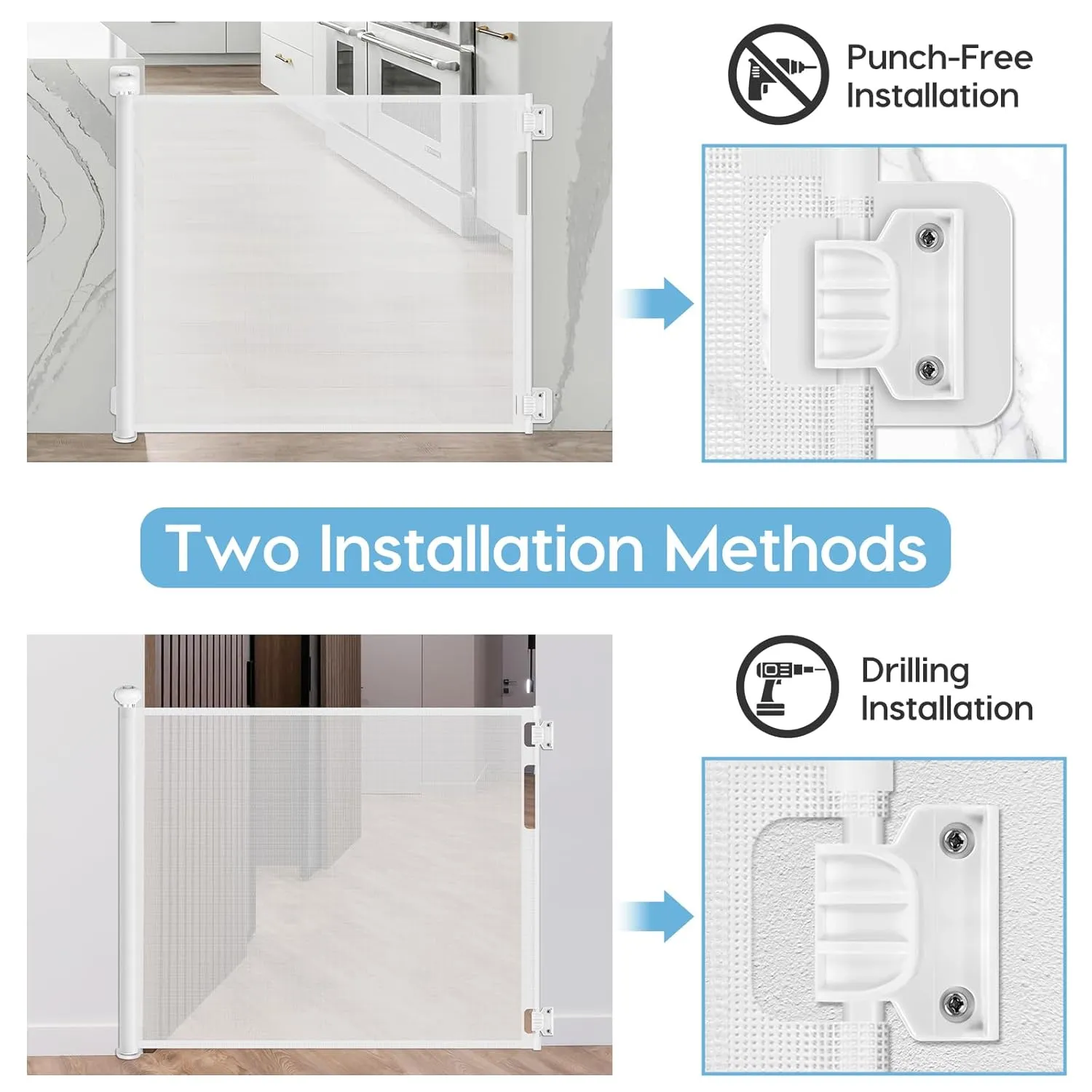 No Drill Retractable Baby Gate for Stairs 59" Wide, Punch Free Dog Gate Indoor 33" Tall, Retractable Pet Gates for Doorways No Drilling Mesh Baby Gate Puppy Gates for The House, White