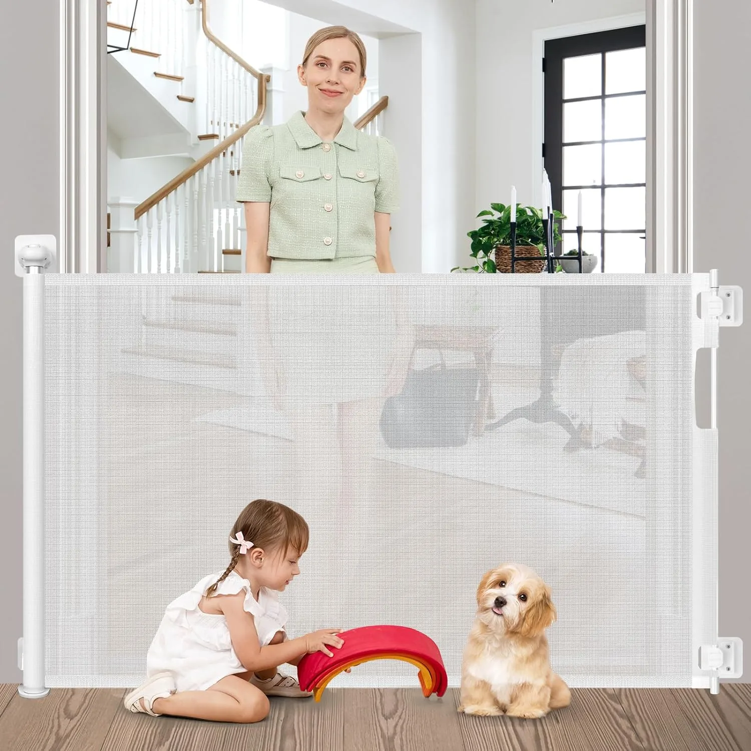 No Drill Retractable Baby Gate for Stairs 59" Wide, Punch Free Dog Gate Indoor 33" Tall, Retractable Pet Gates for Doorways No Drilling Mesh Baby Gate Puppy Gates for The House, White