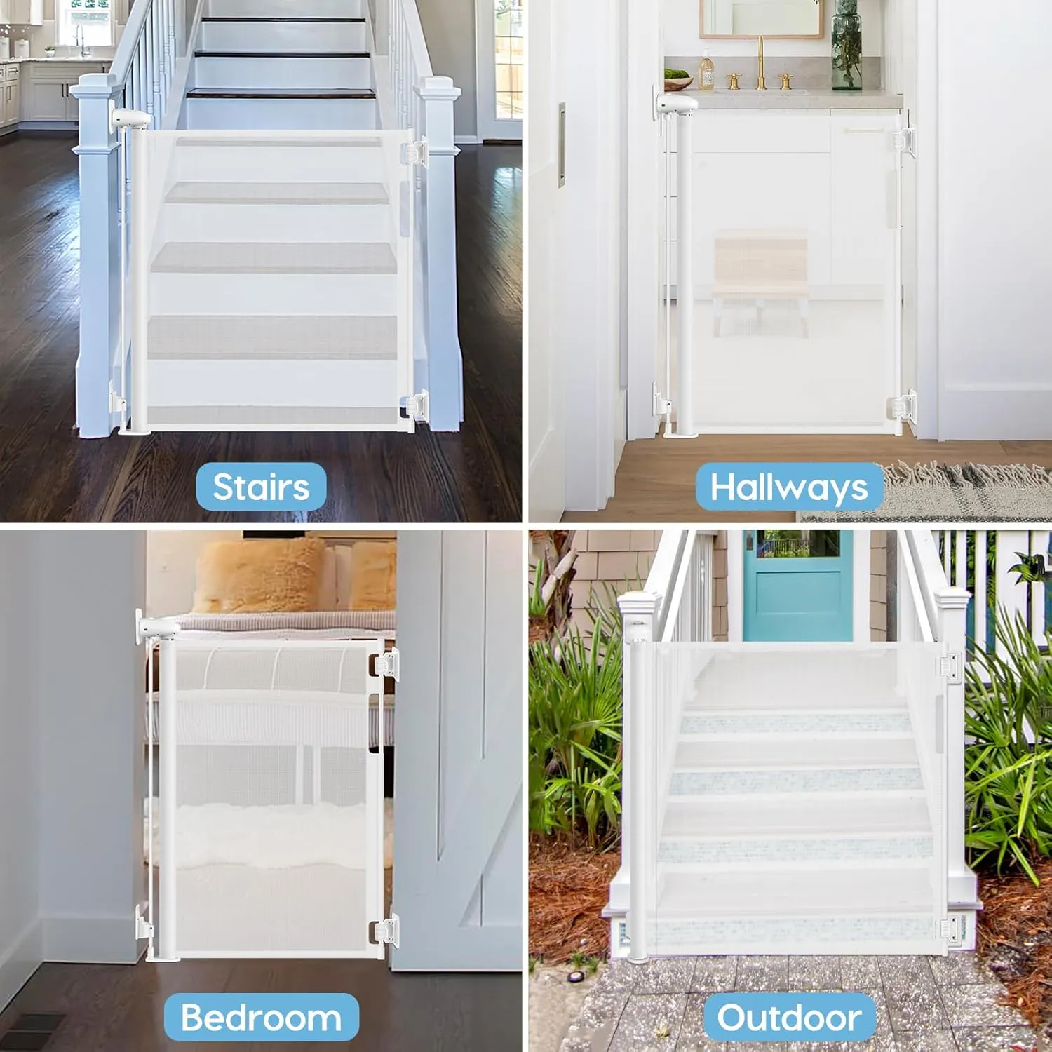 No Drill Retractable Baby Gate for Stairs 59" Wide, Punch Free Dog Gate Indoor 33" Tall, Retractable Pet Gates for Doorways No Drilling Mesh Baby Gate Puppy Gates for The House, White