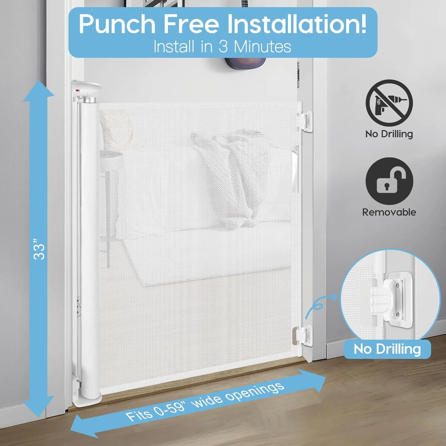 No Drill Retractable Baby Gate for Stairs 59" Wide, Punch Free Dog Gate Indoor 33" Tall, Retractable Pet Gates for Doorways No Drilling Mesh Baby Gate Puppy Gates for The House, White