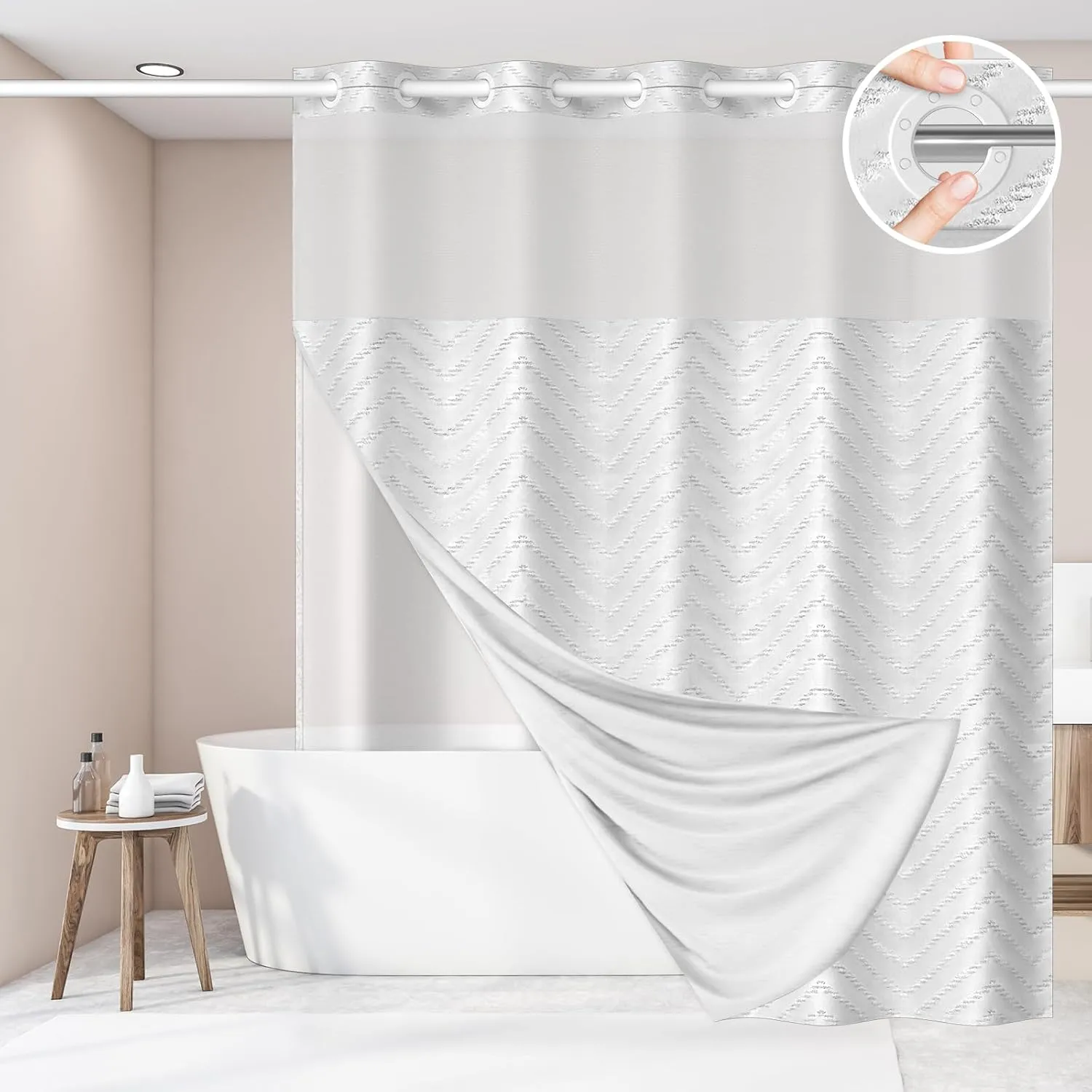 No Hook Shower Curtain and Snap in Liner Set,White Tufted Chevron Striped Cloth Waterproof Washable Fabric, Boho Bath Curtain with See Through Mesh Top Window for Bathroom Hotel 71" W x 74" L