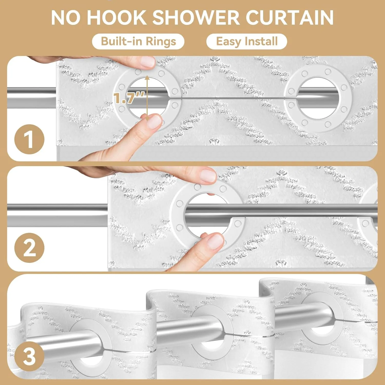 No Hook Shower Curtain and Snap in Liner Set,White Tufted Chevron Striped Cloth Waterproof Washable Fabric, Boho Bath Curtain with See Through Mesh Top Window for Bathroom Hotel 71" W x 74" L